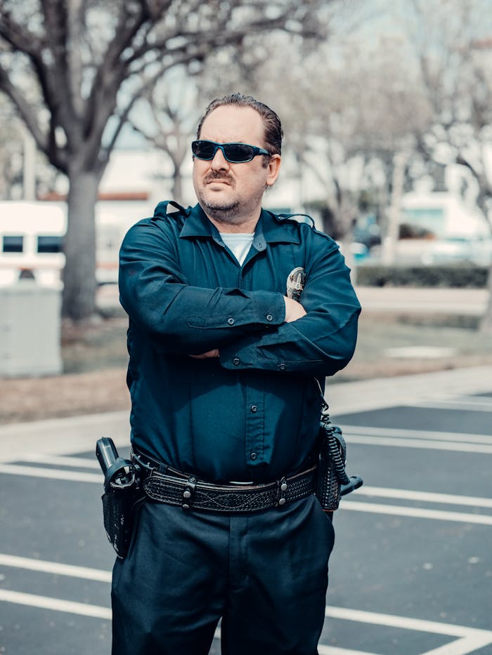 Police officer in uniform standing confidently with arms crossed outdoors.