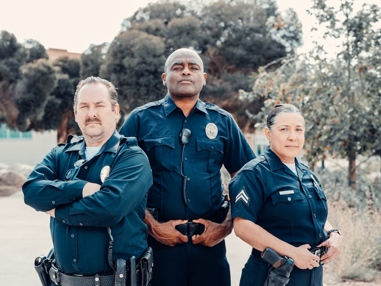 Three uniformed officers standing with confidence outdoors, symbolizing law enforcement.
